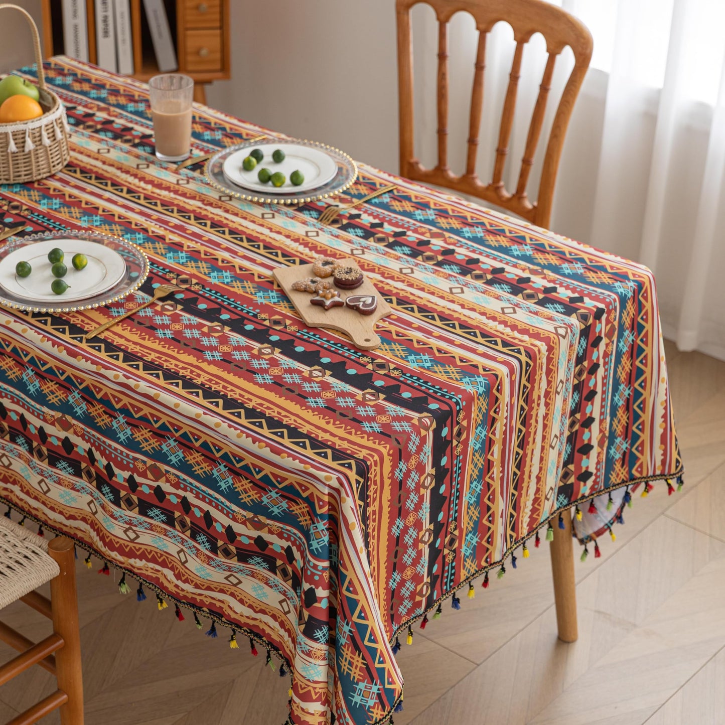 Erbnaryx Handblock Print Tablecloth for Square Tables, Red Table Cover with Fringed Edges, Decorative Tablecloth for Kitchen and Dining Room,59"x 102"