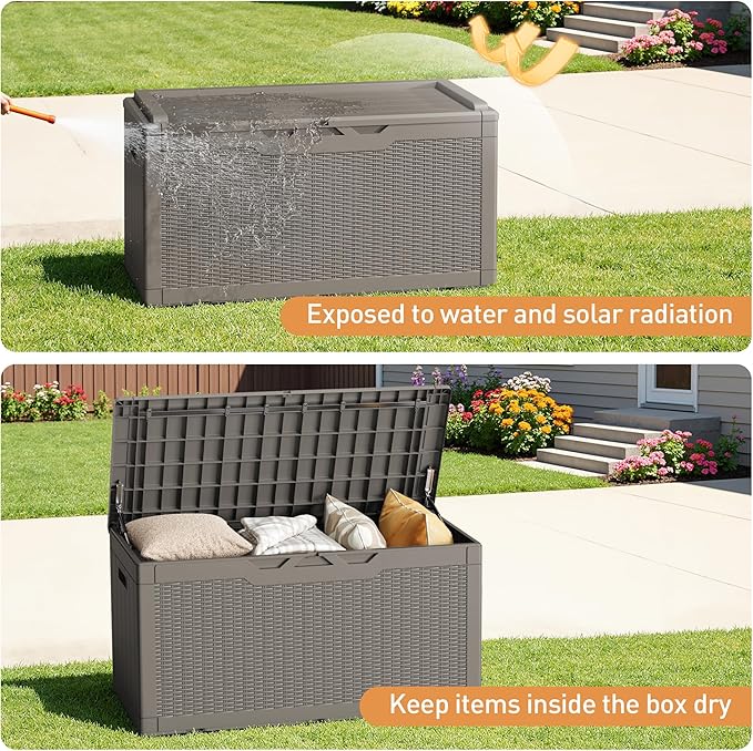 Greesum 100 Gallon Resin Deck Box Large Outdoor Storage Boxes with Cushions for Garden Tools, Patio Furniture Pillows, Pool Supplies, Light Coffee