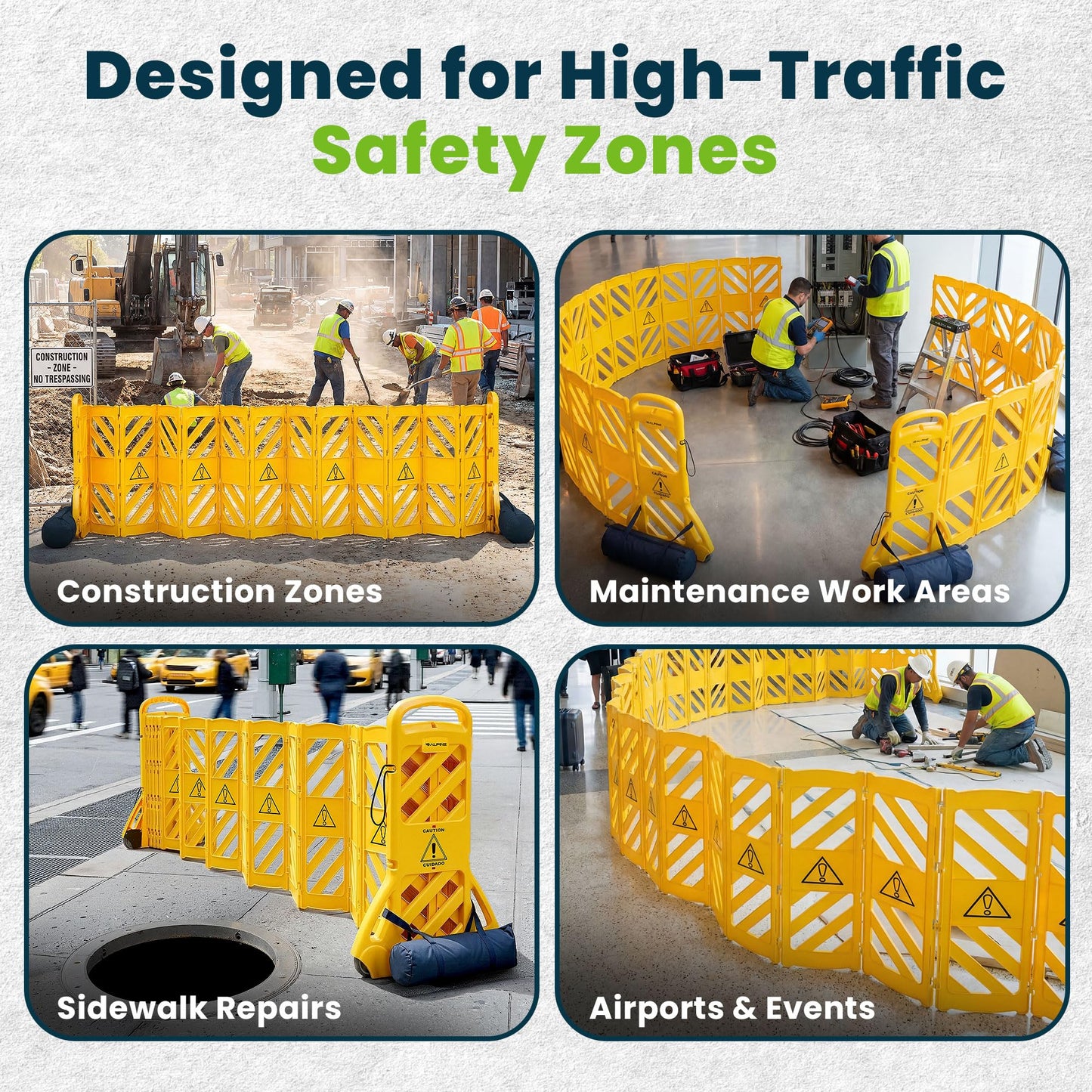 Alpine Commercial Safety Barriers, 13 Foot Expandable Mobile Barricade System - Folding Portable Barrier, Traffic Barricade Fence, Plastic Barricade for Construction, Traffic Control, Driveway Gate