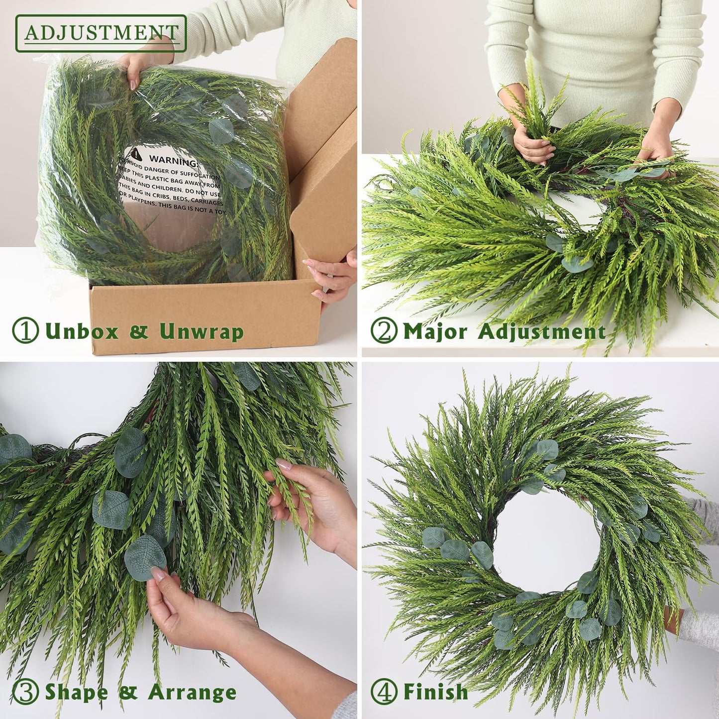 26" Artificial Saw Grass Wreath for Front Door, Lifelike Faux Saw Grass Wreath with Fake Eucalyptus Spring Summer Greenery for Wall Window Fireplace Farmhouse Home Outside Decoration