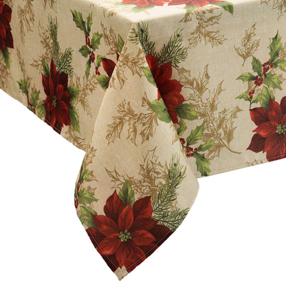 Elrene Home Fashions Festive Poinsettia Holiday Wrinkle Resistant Fabric Tablecloth, Multi, 60"x84" Rectangle