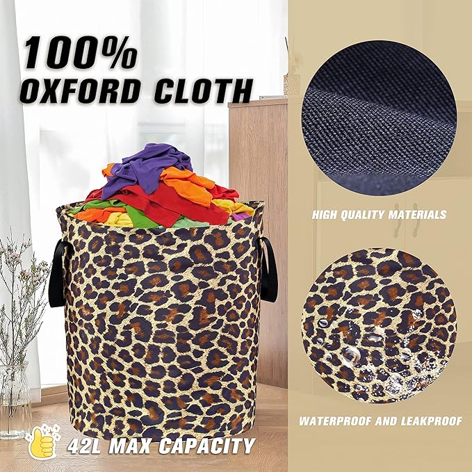 Brown Leopard Laundry Basket Foldable Oxford Cloth Funny Tote Bag Laundry