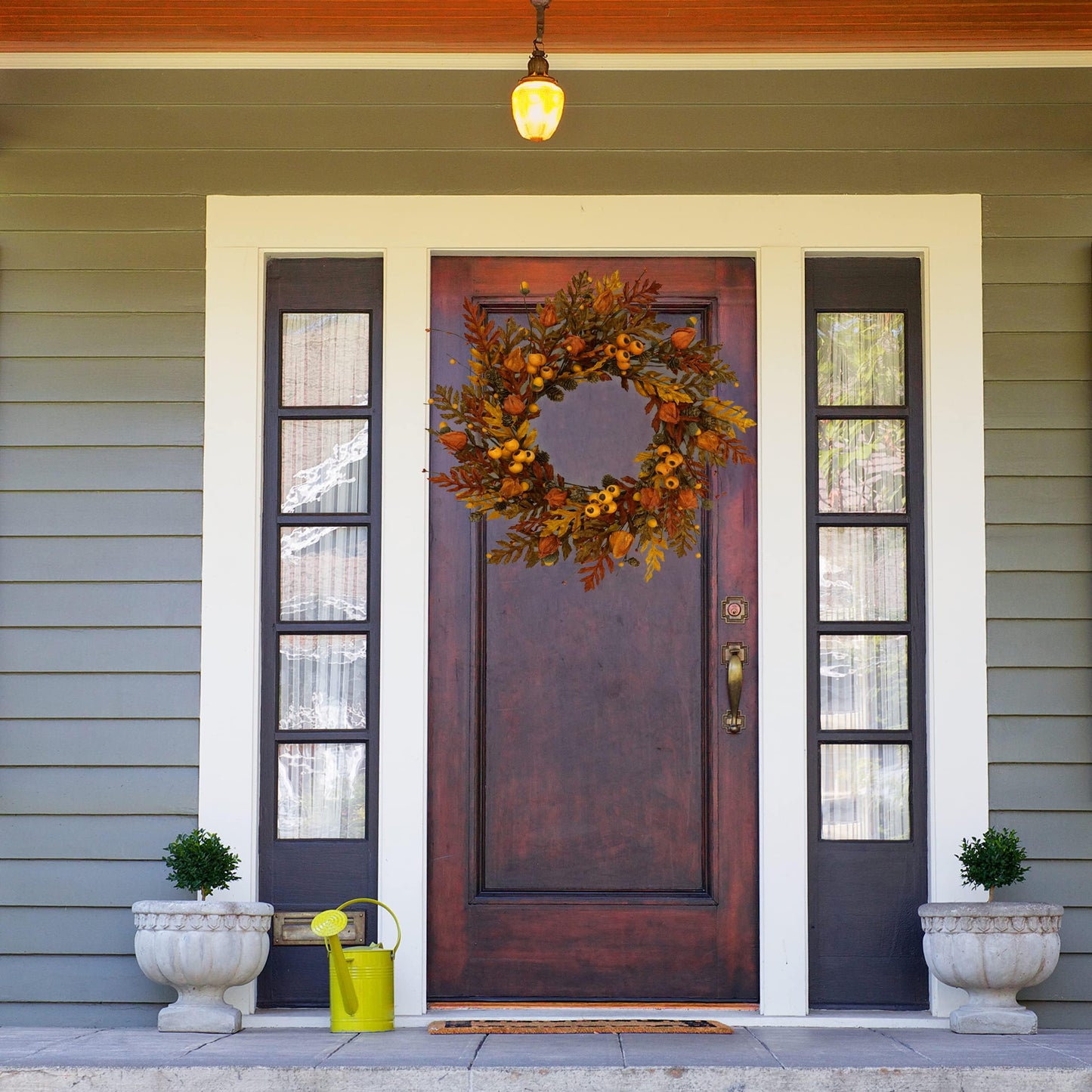 WreathDream 20 inch Fall Wreath Autumn Oak Leaves Wreath with Cape Gooseberry,Oak Leaf,Acorn,Berry,Pine Cone for Front Door Farmhouse Indoor Outdoor Festival Home Decor