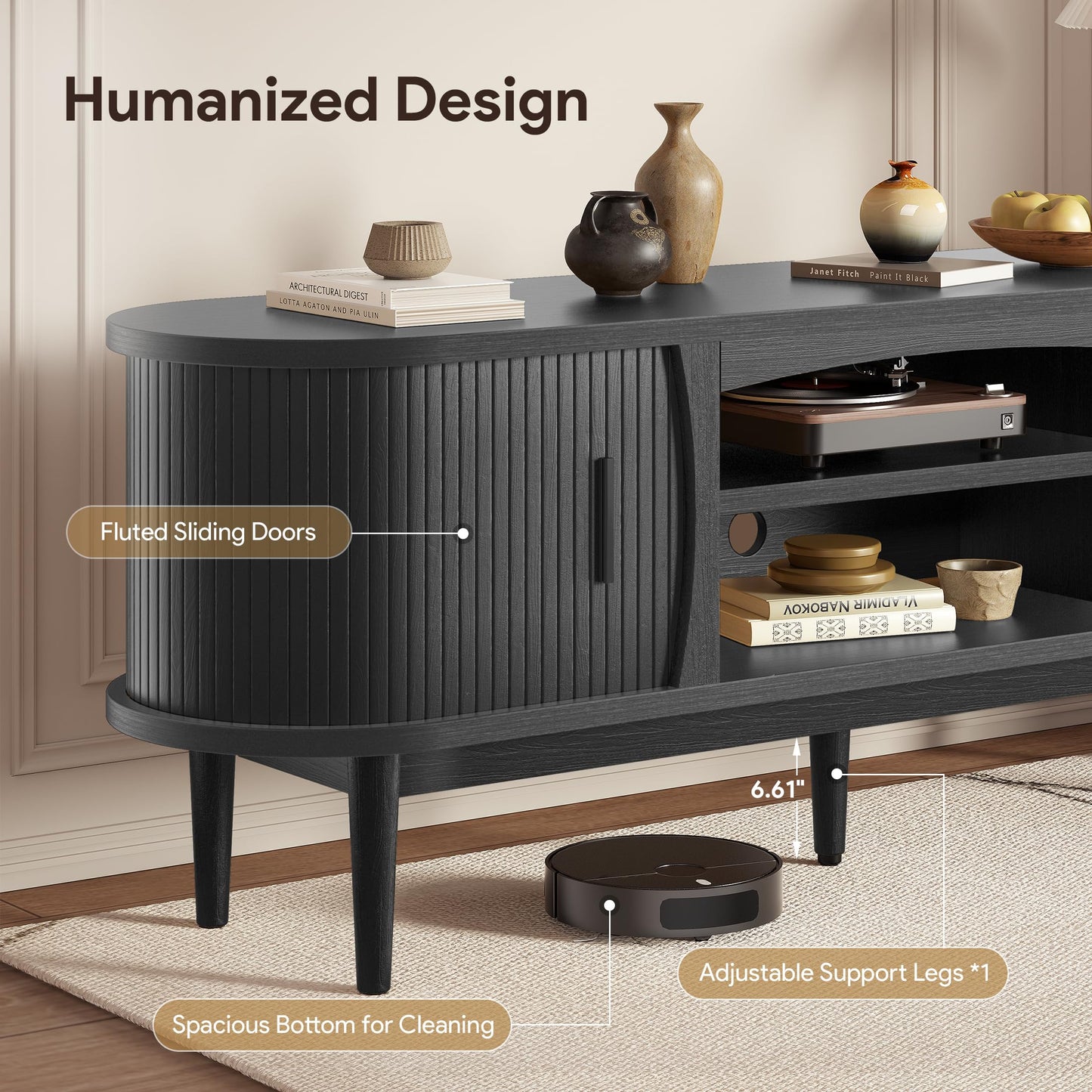 Decofy Mid Century TV Stand for TVs up to 70 Inches, Entertainment Center with Storage, Power Outlet, Fluted Sliding Doors & Adjustable Shelves, Modern Media TV Console Table for Living Room (Black)