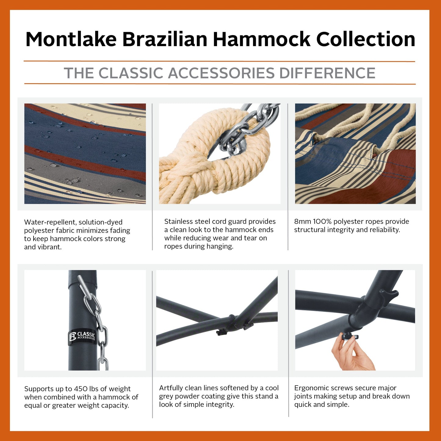Classic Accessories Montlake Fadesafe Brazilian Hammock with Steel Stand, Heather Indigo Blue Multi-Stripe