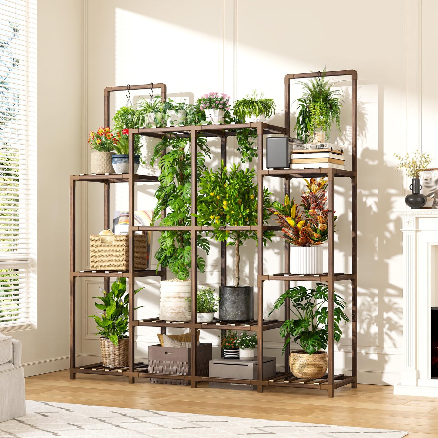 EnHomee Plant Stand Indoor Tall Plant Stand Outdoor Large Wood Plants Shelf with 12-14 Pots for Patio, Living Room, Garden, Balcony, 44.8" Wx47.2 Hx11.78 D