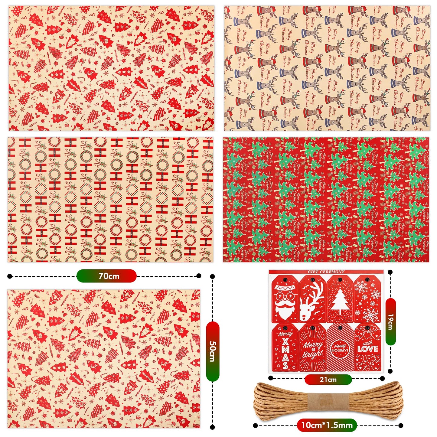 ENFANTRY Christmas Wrapping Paper, 4 Sheets Gift Wrapping Paper Bundle, Christmas Tree Reindeer Head Xmas Gift Paper, Thick Kraft Brown Paper for Chrimas, Birthday, New Year, Valentines, Wedding, Holiday Deco, DIY