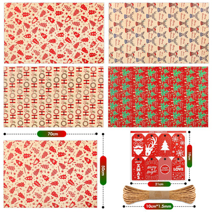 ENFANTRY Christmas Wrapping Paper, 4 Sheets Gift Wrapping Paper Bundle, Christmas Tree Reindeer Head Xmas Gift Paper, Thick Kraft Brown Paper for Chrimas, Birthday, New Year, Valentines, Wedding, Holiday Deco, DIY
