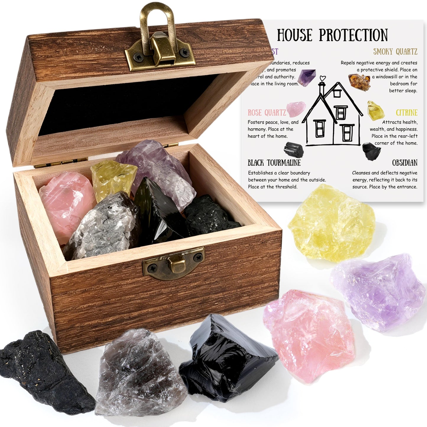 Trinckle Home Protection Crystal Set, House Warming Gifts New Home with Natural Healing Crystals Stone for Negative Energy Removal, Protection Rocks as Energy Cleansing Housewarming Workplace Gifts