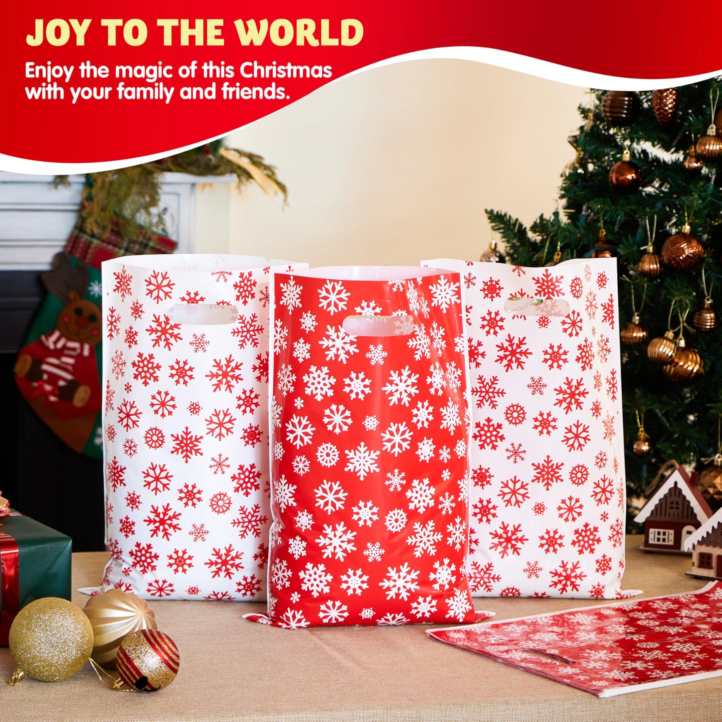JOYIN 72 PCS Christmas Snowflake Bags for Xmas Holiday Goody Gift, 11" x 16"Christmas Snacks Plastic Shopping Bags with Handles for Present Wrapping, Party Decoration Supplies (Red White)