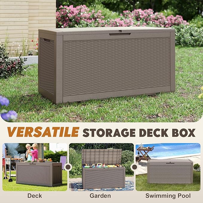 Outdoor Storage Box, Resin Deck Boxes Indoor and outdoor, Waterproof Storage Box Lockable Lid (Grey, 101 Gallon)