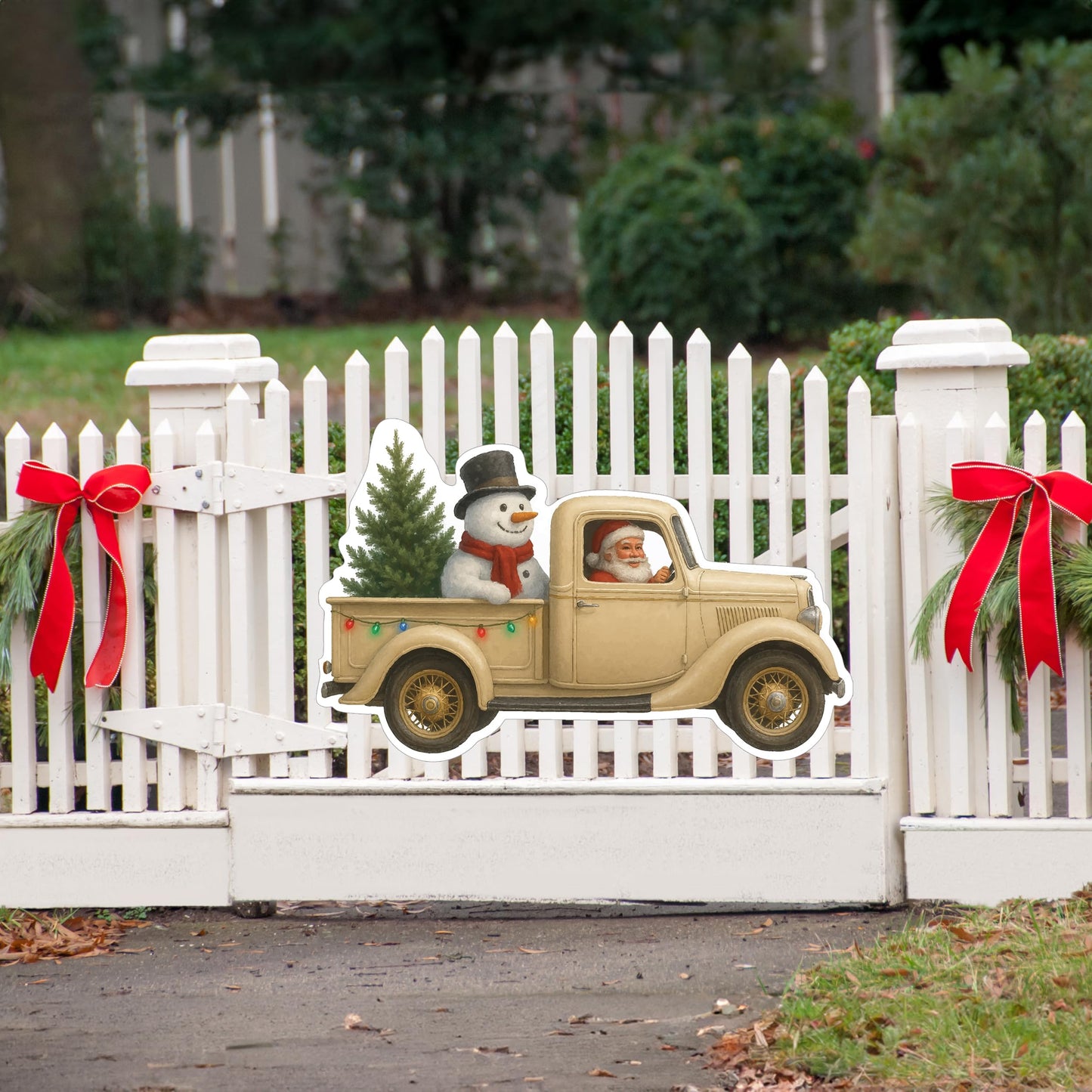 White Truck Christmas Santa Claus Classic Yard Sign for Home Decor and Lawn Decoration With Stakes, Green Merry Christmas Sign Presents