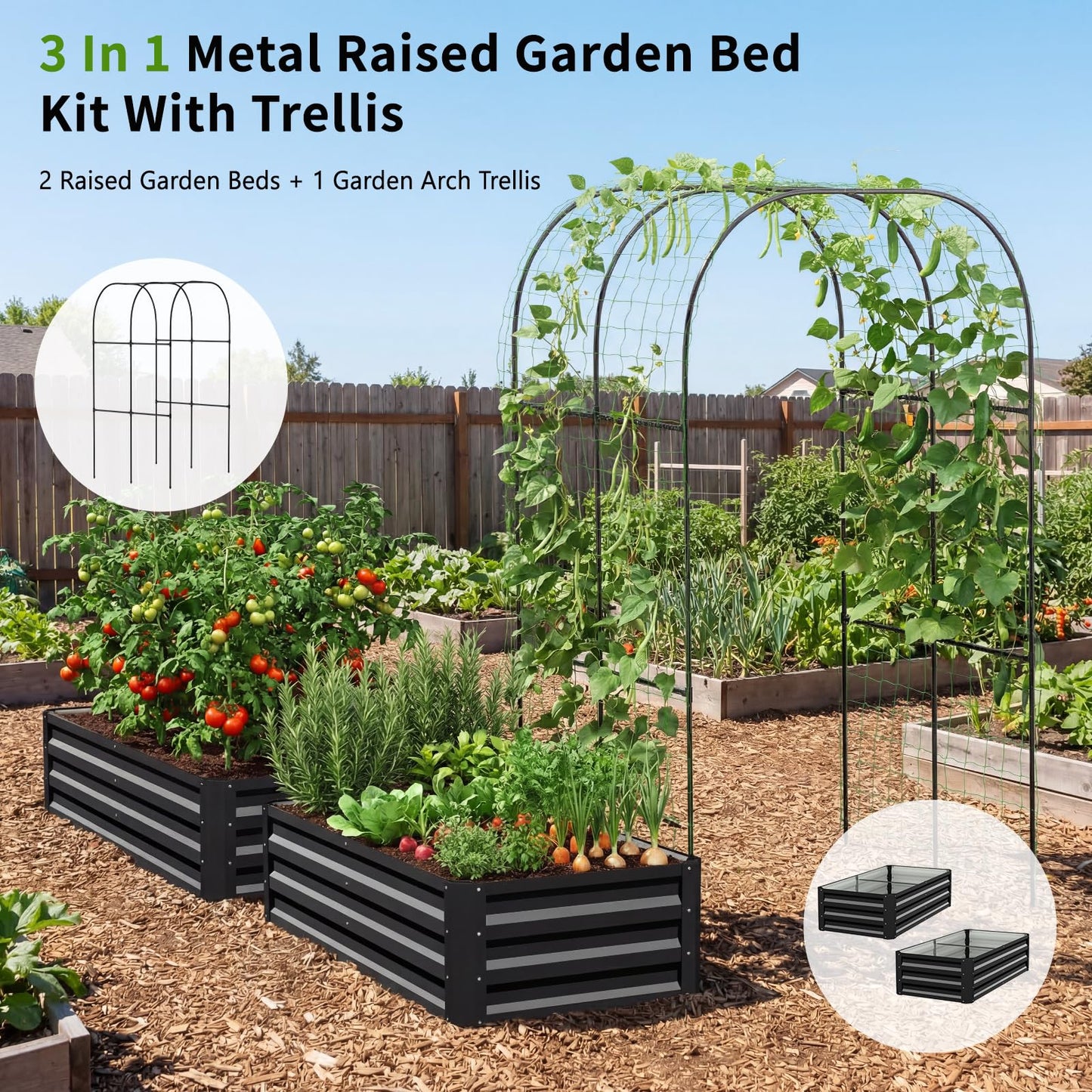 DoCred 3 in 1 Galvanized Raised Garden Bed, 2Pcs Metal Garden Planter Box with 87" H Trellis for Climbing Plants, Outdoor Gardening Raised Beds with Climbing Net for Fruits, Vegetables, Flower (Black)