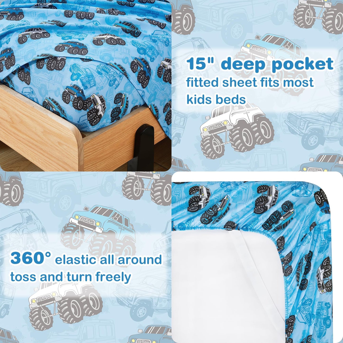 Softan Kids Bed Sheet Set, Boys Twin Size Sheets, Microfiber Kids Fitted Sheet and Pillowcase, Breathable and Silky Soft, 3 Piece Jeep Trucks Printed Twin Bed Sheet
