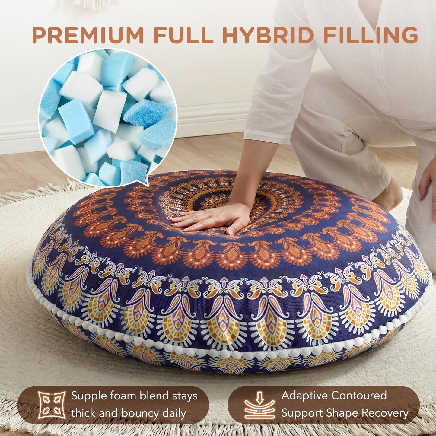 Codi Floor Pillows for Sitting Set of 2, Large Meditation Cushions for Adults with Memory Foam, Bohemian Mandala Round Seating for Outdoor Yoga and Living Room, Washable, 32 Inch, Yellow