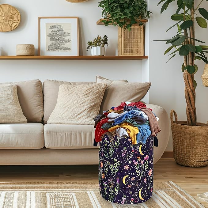 Moon Wild Flowers Laundry Basket Oxford Cloth Colorful Floral Laundry Hamper