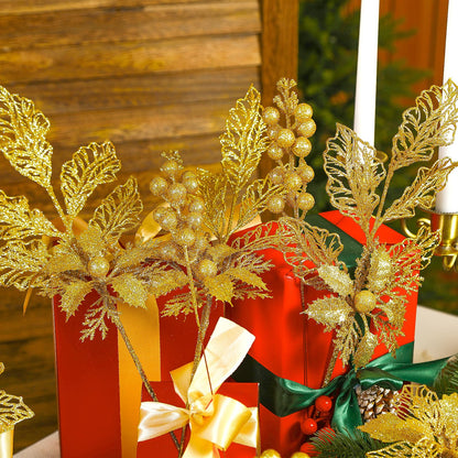 Alupssuc 24 PCS Christmas Tree Decorations, 12 PCS Poinsettia Flowers Artificial+6 PCS Glitter Holly Berry Stems+6 Berry Leaves Christmas Tree Picks for Party Wreath Fireplace, Gold