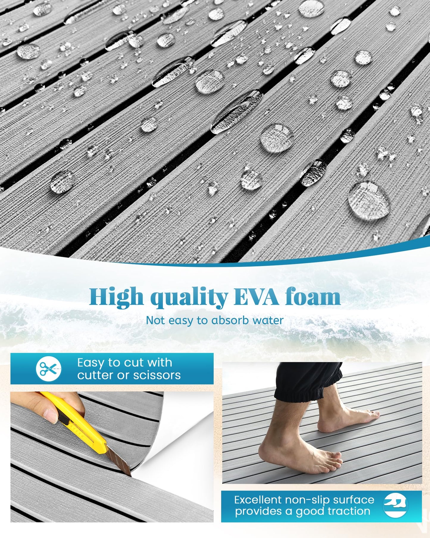 KXKZREN Boat Flooring EVA Foam Decking Sheet Faux Teak Marine Mat Non-Slip Boat Carpet Self-Adhesive Flooring for Jon Boats Motorboat RV Yacht Kayak Swim Platform 47.2 x 94.5 inch,31 sq.ft