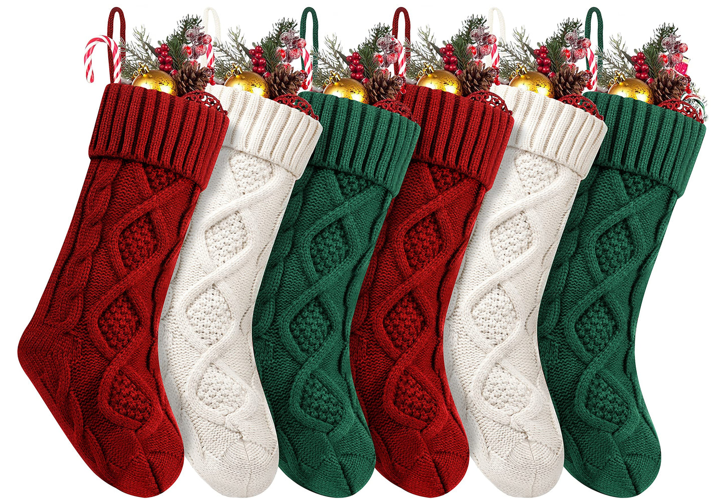 Fesciory Christmas Stockings, 6 Pack 18" Large Knit Stocking & Decor for Family Holiday Xmas Party Gift, Burgundy&Ivory&Green