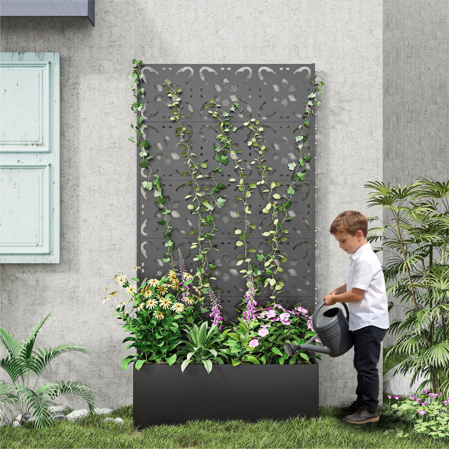 Bevivog Outdoor Privacy Screen with Planter Box, 71"x36" Freestanding Metal Privacy Planters for Patio Garden Metal Planter Box with Trellis, Outside Privacy Fence with Planter for Climbing Plants