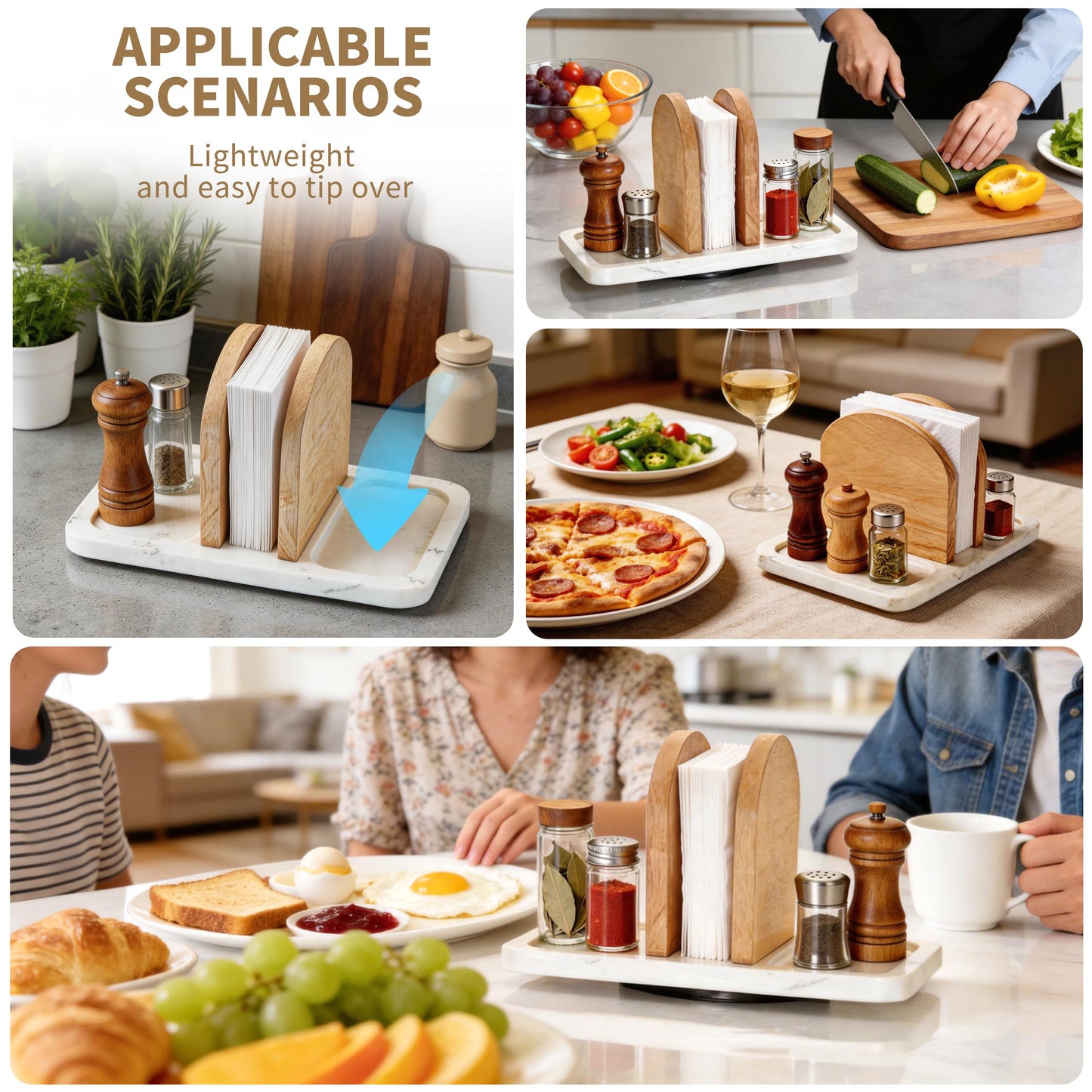 Joapsinn Rotating Napkin Holder for Table, Napkin Dispenser with Marble Base & Wood Divider, Napkin Holder with Salt and Pepper Shakers Caddy for Kitchen Dinner Table Decor - Shakers Not Included