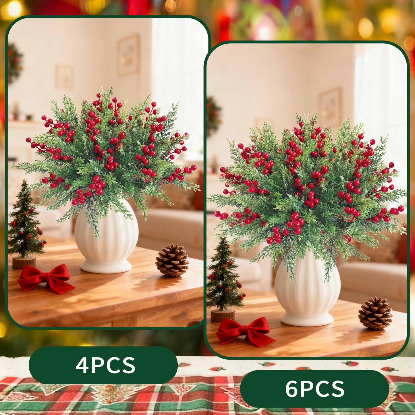 4 Bundles 84 Pcs Christmas Artificial Flowers,Faux Norfolk Pine Branches with Artificial Red Berry Sprigs,Perfect for Christmas Garland and Christmas Table Decorations,Winter Decor,Christmas Picks