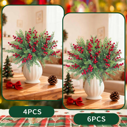 4 Bundles 84 Pcs Christmas Artificial Flowers,Faux Norfolk Pine Branches with Artificial Red Berry Sprigs,Perfect for Christmas Garland and Christmas Table Decorations,Winter Decor,Christmas Picks