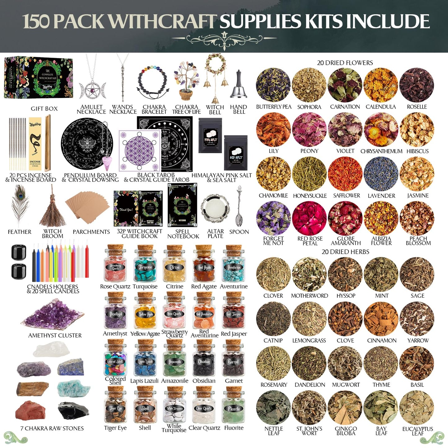 SHYSHINY Witchcraft Supplies Kit, 150Pack Wiccan Supplies and Tools Witchy Gifts for Beginners, Dried Herbs, Crystals, Candles, Green Witch Altar Starter Spell