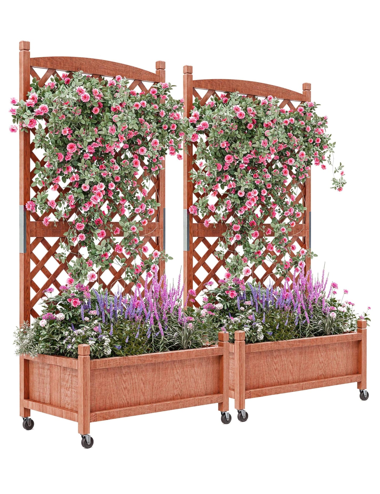 GarveeLife 2-Pack Tall Wood Planter Box with Trellis, 61.5" H Raised Garden Bed on Wheels, Vertical Stand Planter with Drainage Holes for Patio, Balcony & Outdoor Garden