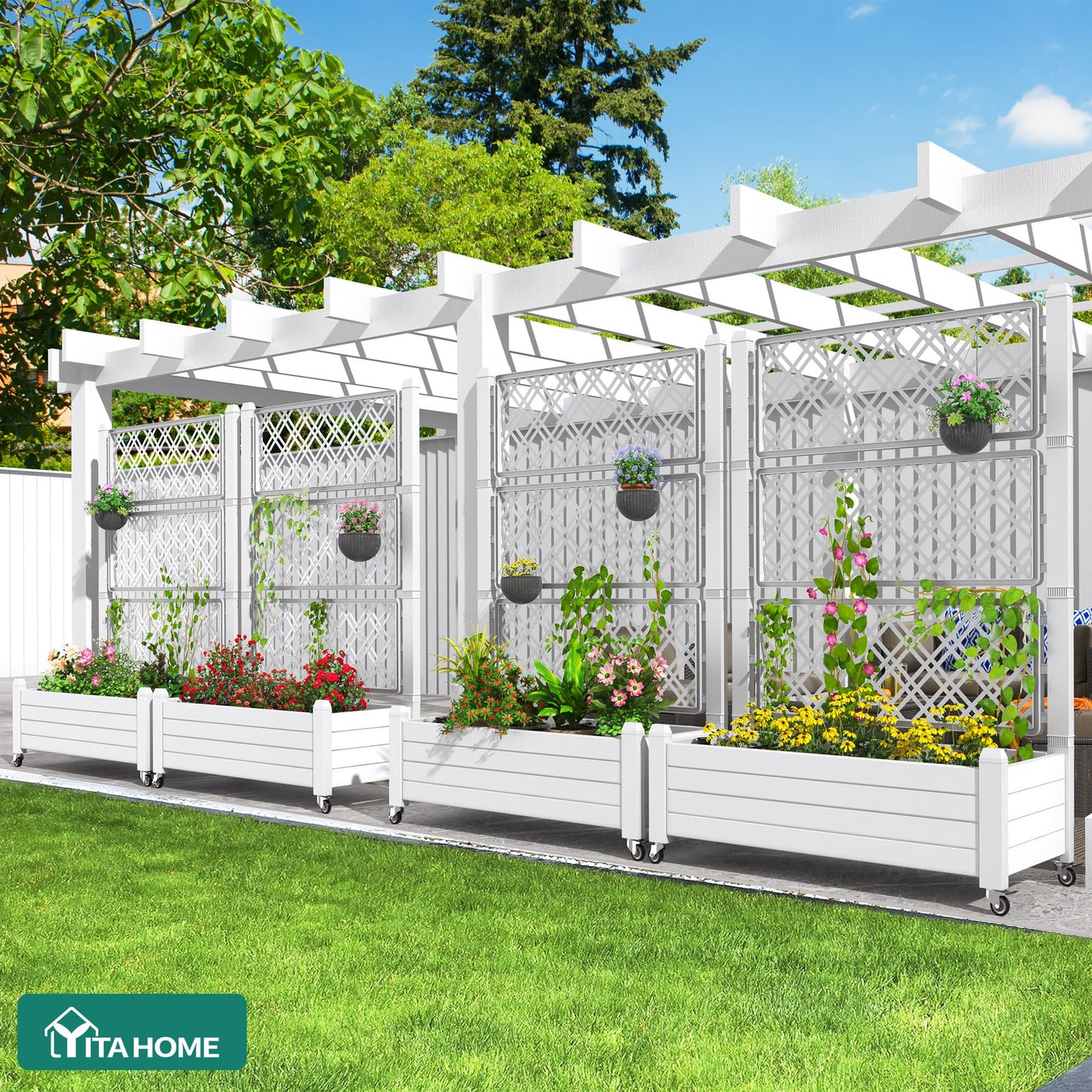 YITAHOME 43.3x17.7x61 in Planter Boxes Outdoor with Trellis, Resin Raised Garden Bed with Wheels & Drain Plug for Climbing Plants, Weather-Resistant Design Elevated Garden Bed with Trellis, White