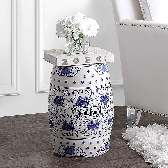 JONATHAN Y TBL1000A Lotus Flower 17.8" Chinoiserie Ceramic Drum Indoor/Outdoor Garden Stool Bohemian, Coastal, Classic, Cottage, French Country, Traditional, Bathroom, Garden Room, Patio, Blue/White