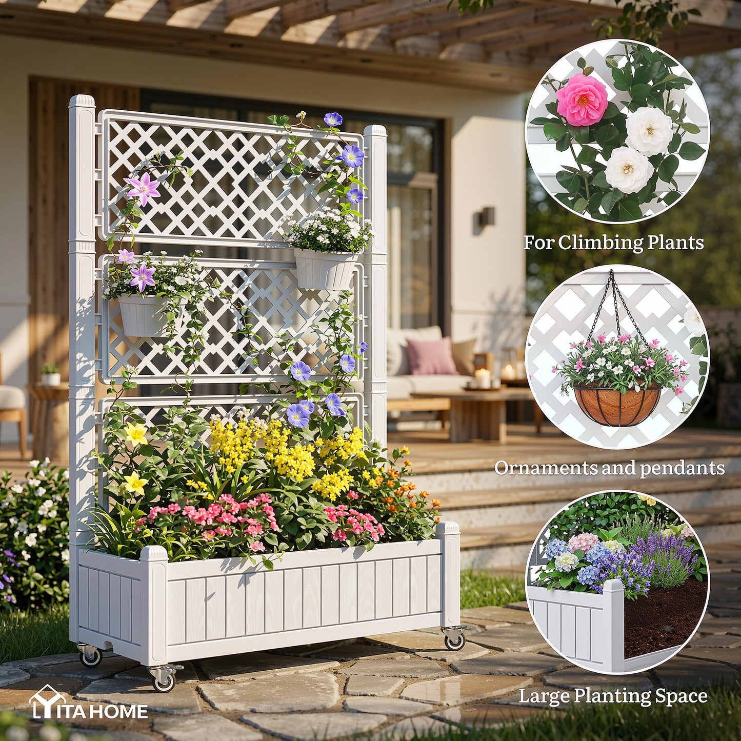 YITAHOME 42.5x14.2x61 in Planter Box with Trellis/Outdoor Privacy Screen, All-Weather Raised Garden Bed with Wheels & Drain Plug for Climbing Plants Flowers Herbs, White