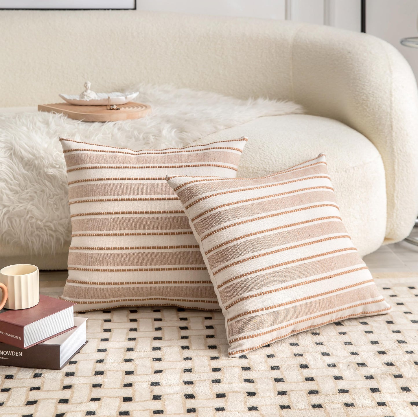 Cethom Decorative Boho Throw Pillow Covers, Farmhouse Textured Pillow Case, 20 x 20 Inch Set of 2, Chair Sofa Bedroom Living Room Home Decor Couch Cushion Case, Brown and Beige Striped