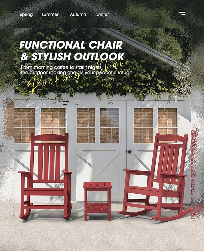 KINGYES Outdoor Rocking Chair, Weather Resistant Patio Rocking Chairs High Back Porch Rocker for Adult, Dark Red