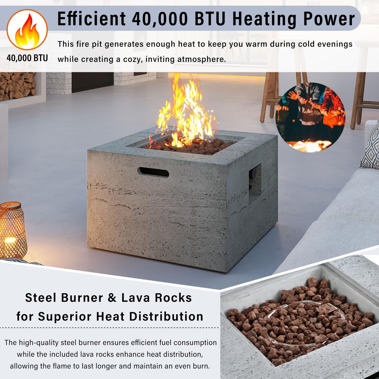 GDFStudio MgO Lightweight Square Propane Fire Pit Table, 40000 BTU Outdoor Propane Fire Pit with Steel Burner, Adjustable Flame Control, Lava Rocks & Rain Cover, Patio Backyard Deck Poolside, Gray