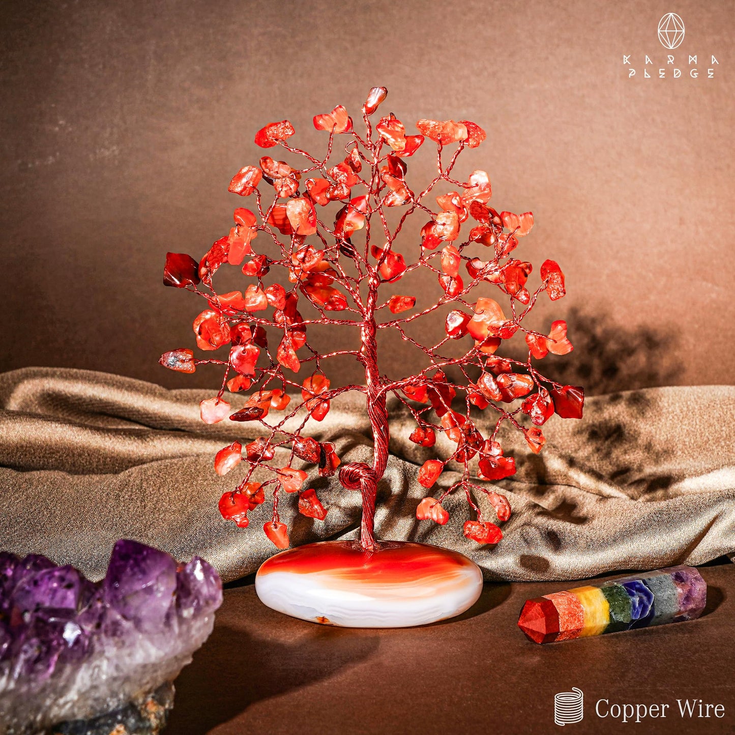 KARMAPLEDGE Crystal Tree of Life Home and Office Feng Shui Decor, Carnelian Healing Crystal Handmade Bonsai Tree for Positive Energy, Good Luck, Money, Christmas Decor, Birthday Gifts for Women, Mom