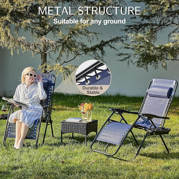 Sweetcrispy Zero Gravity Chairs, Set of 4 Portable Recliner Beach Camping Patio Outdoor Folding Lounge Chair with Cup Holder Trays and Adjustable Pillow for Poolside, Garden, Backyard, Lawn (Blue)