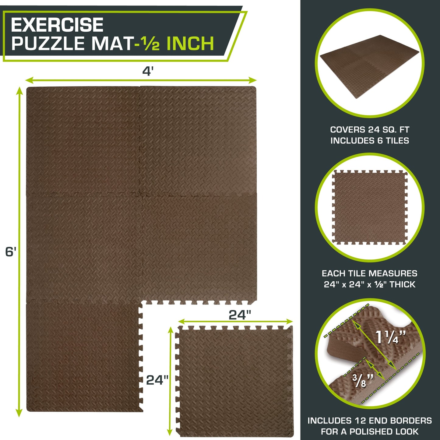 ProsourceFit Puzzle Exercise Mat ½ in, EVA Interlocking Foam Floor Tiles for Home Gym, Mat for Home Workout Equipment, Floor Padding for Kids, Black, 24 in x 24 in x ½ in, 24 Sq Ft - 6 Tiles