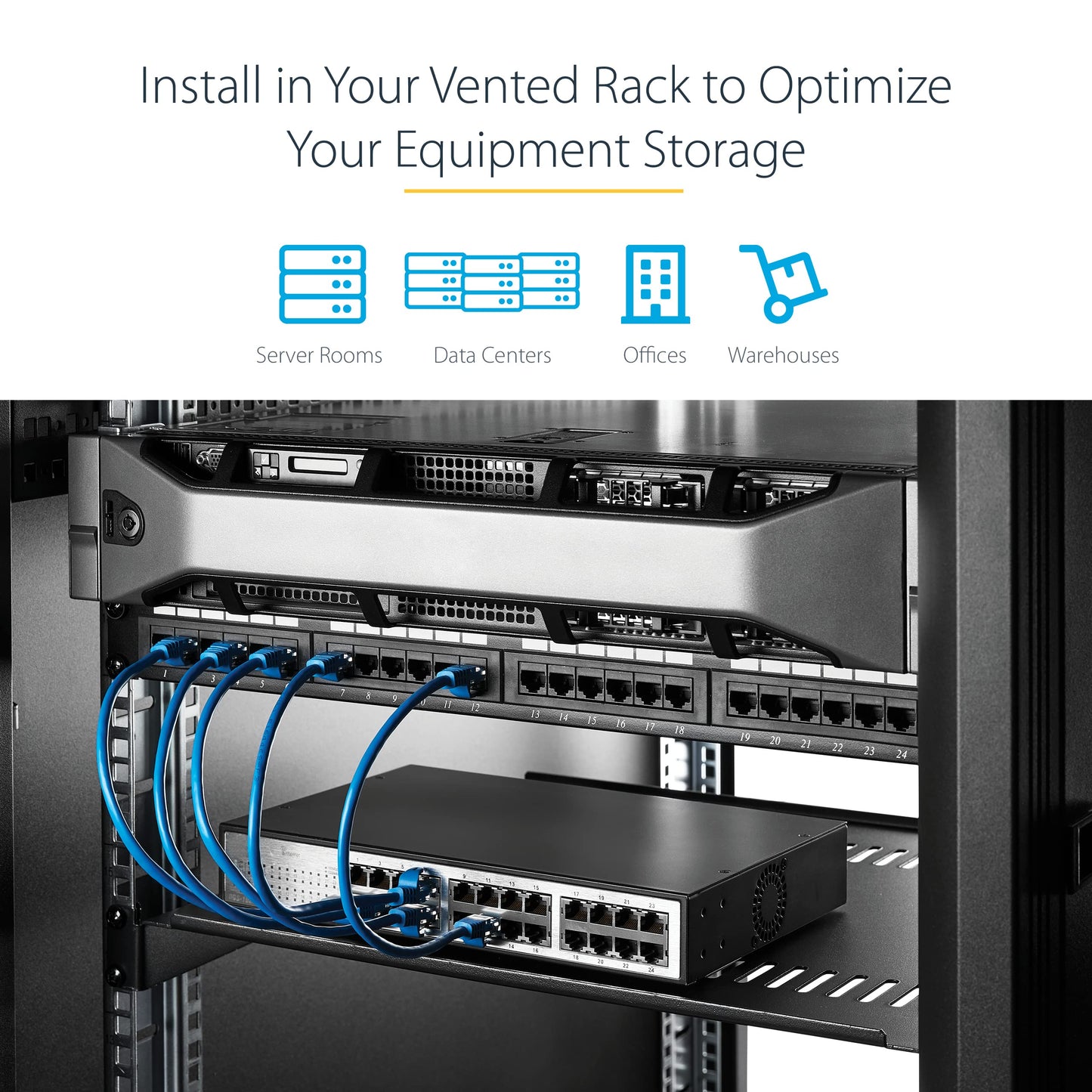 StarTech.com 2U Server Rack Shelf - Universal Vented Rack Mount Cantilever Tray for 19" Network Equipment Rack & Cabinet - Heavy Duty Steel - Weight Capacity 50lb/23kg - 22" Deep Shelf (CABSHELF22V)