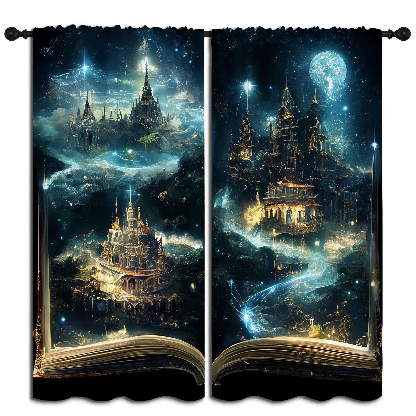 LHROOMJK Magic Book Blackout Curtains for Boys Girl Bedroom Decor,Psychedelic Castle Medieval Building Thermal Insulated Rod Pocket Drapes Darkening Window Curtain for Living Room Home 55x63 inch