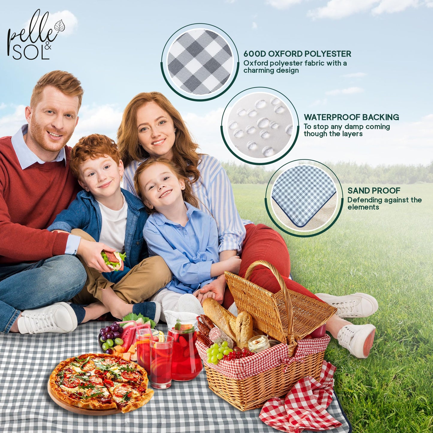 Pelle & Sol Picnic Blanket Waterproof, 200x140CM Foldable Picnic Mat - Outdoor Beach Blanket - Slip Resistant w/Carrying Handle - Sandproof & Washable Beach Mat for Garden, Hiking, Camping