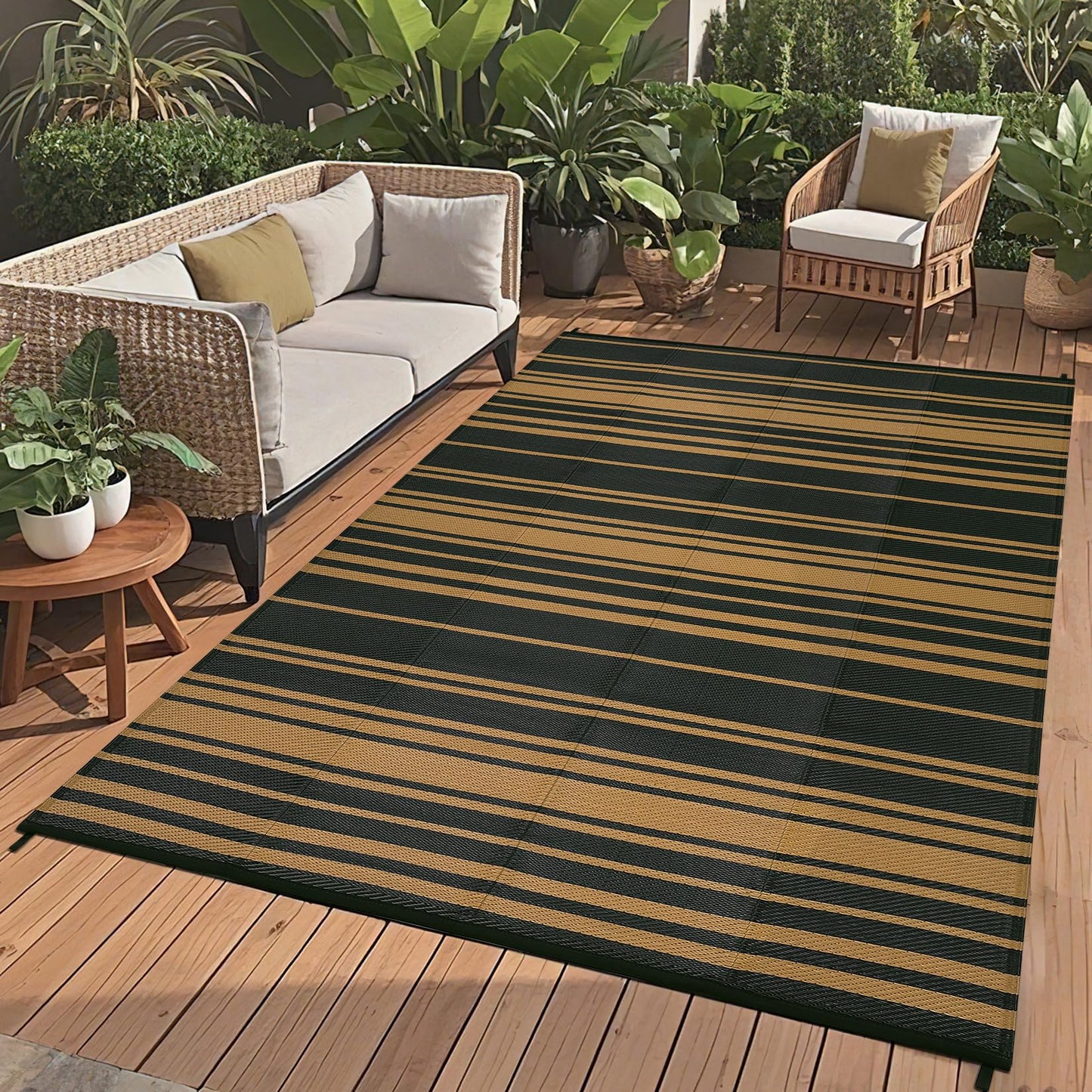 LUXLOOM Outdoor Plastic Straw Rug 9x18 Large Washable Floor Mat Modern Lines Waterproof Rug for Patio Reversible Rugs for Outdoors RV Beach Patio Camping Backyard Deck Picnic Outside Black Brown