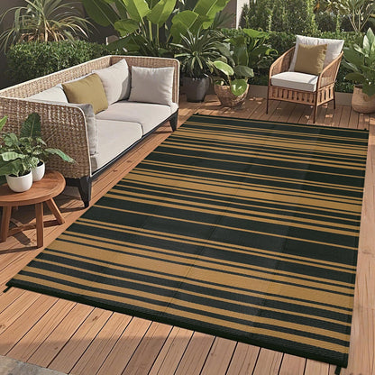 LUXLOOM Outdoor Plastic Straw Rug 9x18 Large Washable Floor Mat Modern Lines Waterproof Rug for Patio Reversible Rugs for Outdoors RV Beach Patio Camping Backyard Deck Picnic Outside Black Brown