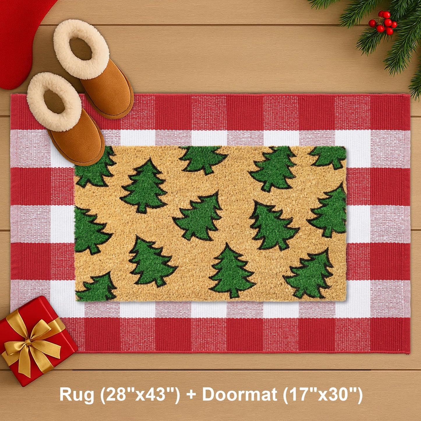 Christmas Door Mat Set 2-Piece, 17"x30" Coir Welcome Mat with Green Tree Pattern and 28"x43" Red White Plaid Rug, Layered Front Porch Combo for Holiday Entryway Outdoor Decor
