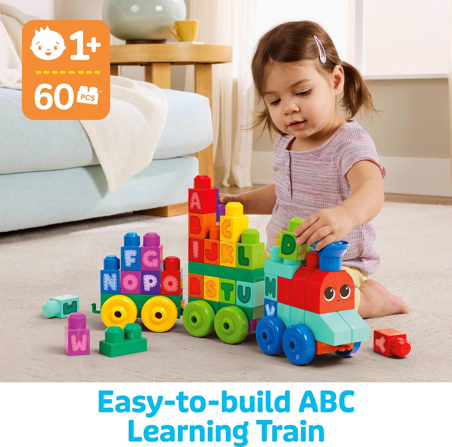 MEGA BLOKS First Builders Toddler Building Blocks Toy Set, ABC Learning Train with 60 Pieces, Ages 1+ Years, DXH35