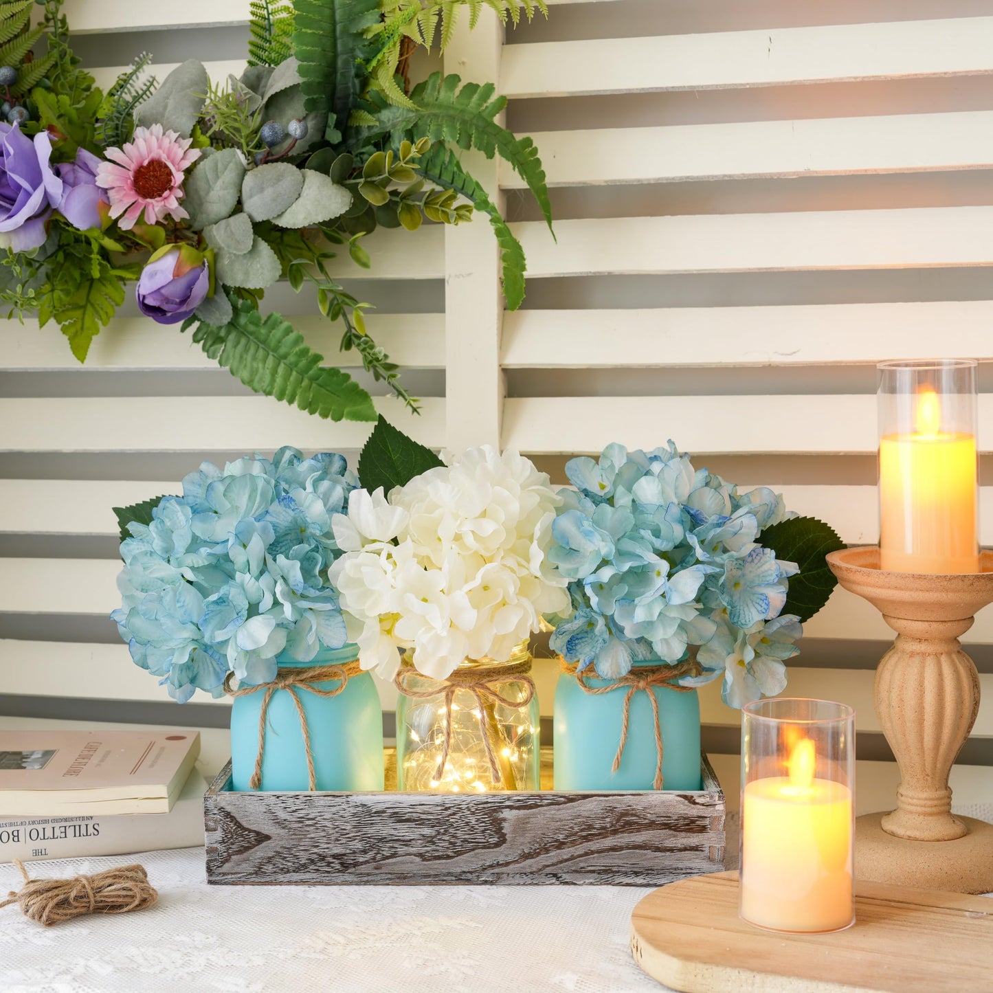 Coastal Beach Decor, Mason Jar Lights Beach Party Themed Decorations Centerpieces with Hydrangea, Sarfish Decor, Wood Tray, Coastal Beachy Table Summer Decoration for Dining Room Coffee Kitchen