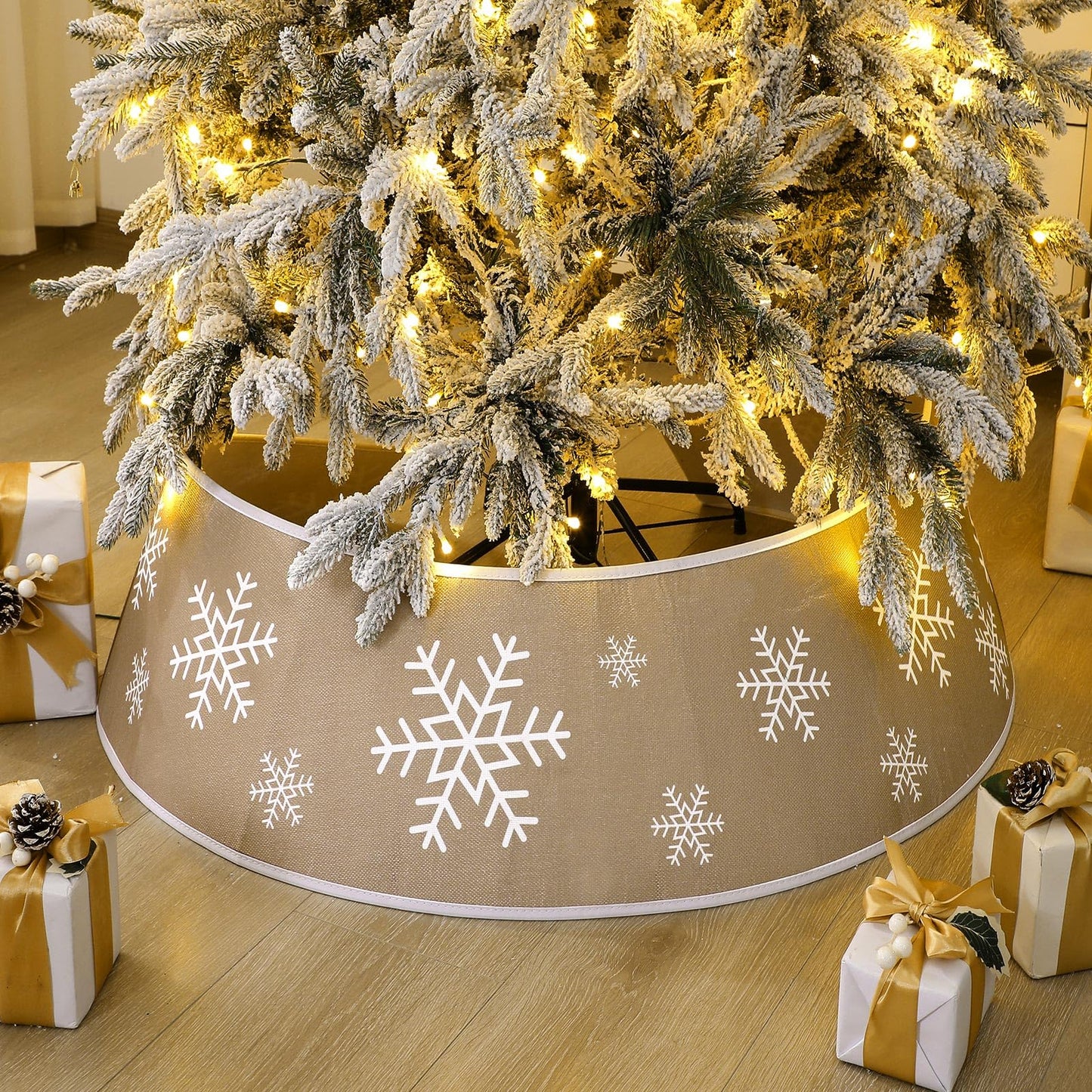 Soulchen Plain Burlap Farmhouse Christmas Tree Collars with Printed Snowflake 28 Inch Natural Burlap Boho Tree Skirt Rustic Collar for Indoor Trees Winter Home Decor (Khaki)