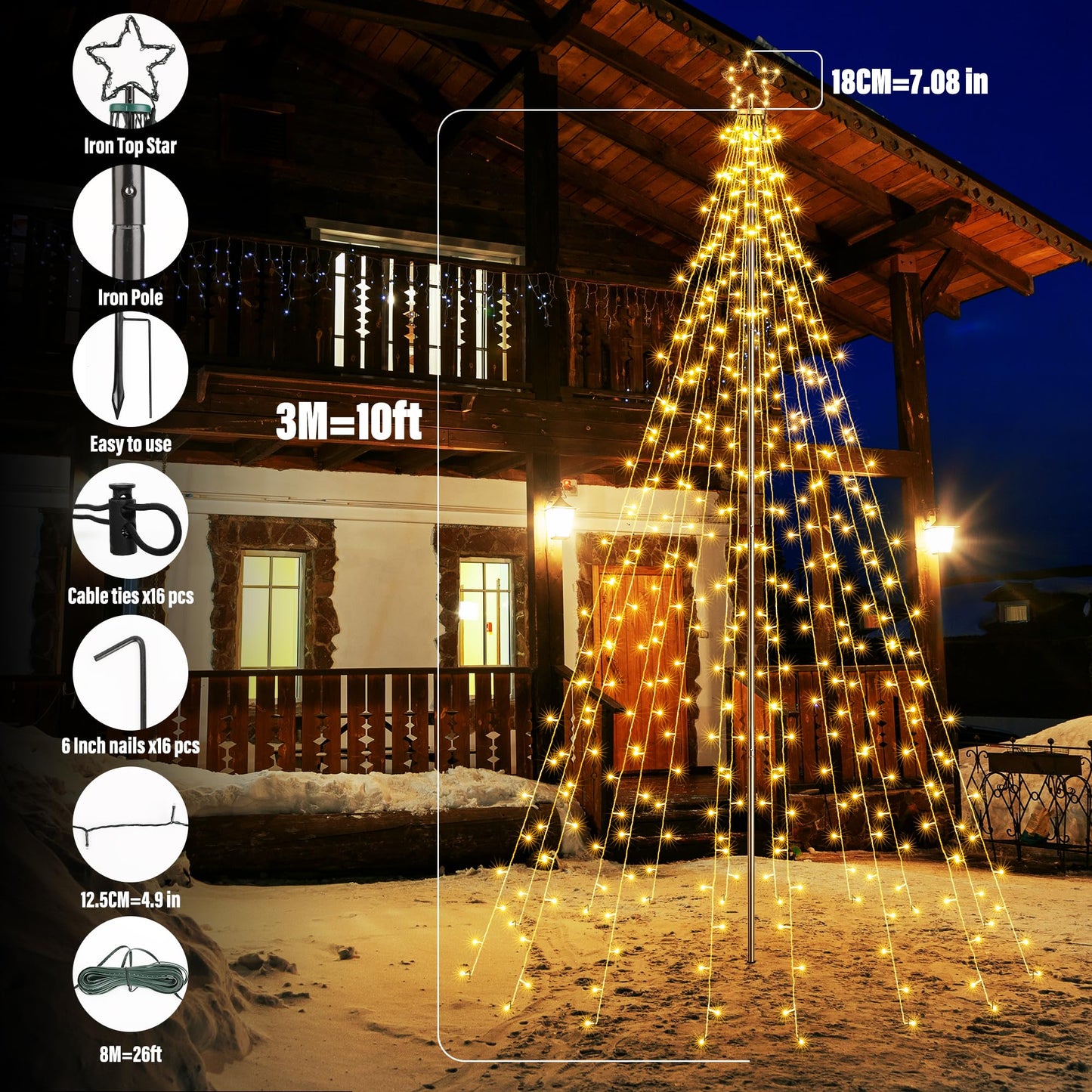 Flacchi Christmas Outdoor Star String Lights - Pole Set with Remote, Multiple Lighting Modes, Timer, and Waterproof Feature (Warm White, 10FT/404LED)