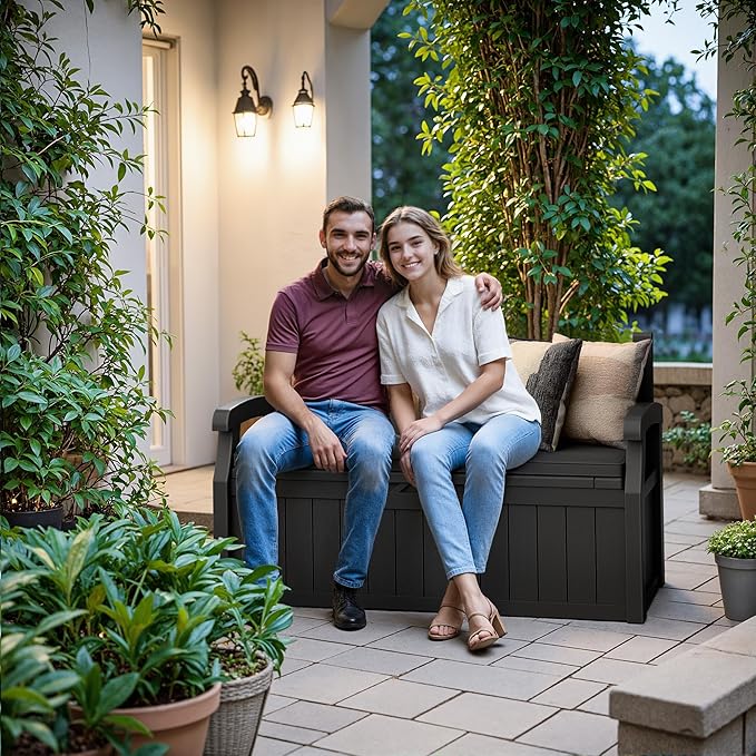 Devoko 80 Gallon Storage Bench with Cushion, Lockable Deck Box for Patio Furniture, Garden Decor and Outdoor Seating for Cushions, Garden Tools and Pool Supplies (Black, 80 Gallon with Cushion)