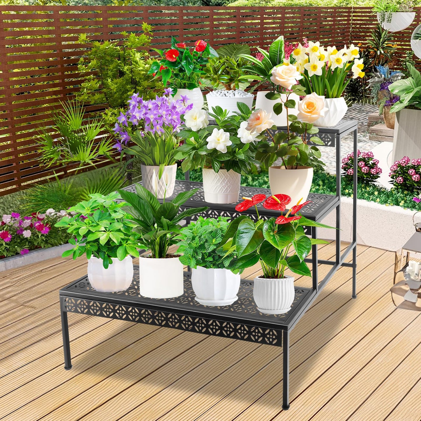 Meyoppm 3 Tier Metal Plant Stand, Ladder Flower Pot Holder Plant Stands, Tiered Plant Stand Outdoor Storage Organizer Rack for Home Garden Patio Balcony